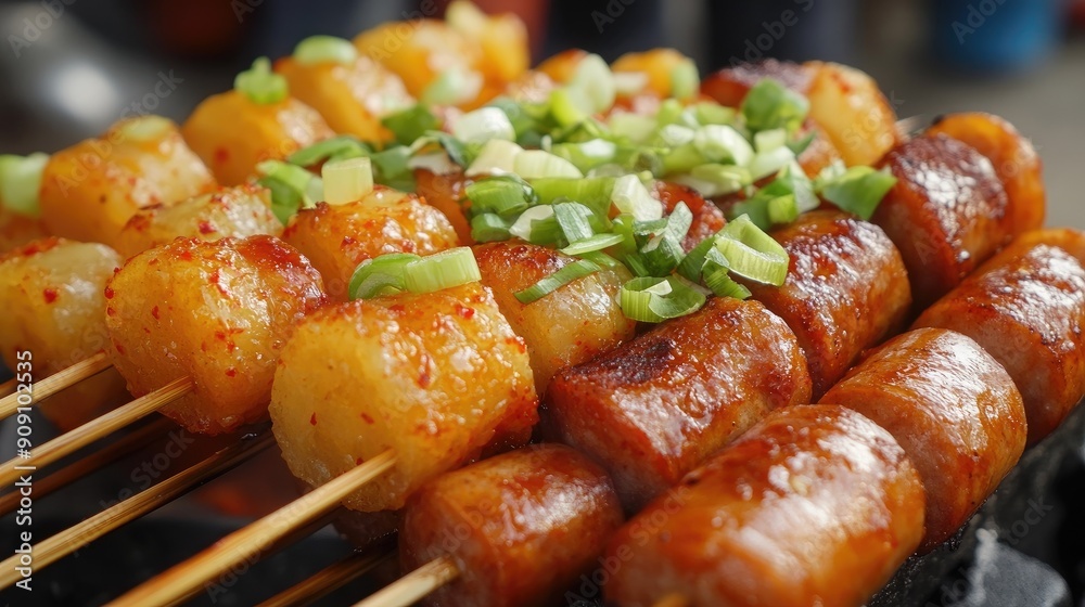 Korean street food So-tteok so-tteok, skewered rice cakes and sausages, garnished with scallions, savory and spicy Korean street food So-tteok so-tteok, skewered rice cakes and sausages, garnished with scallions, savory and spicy