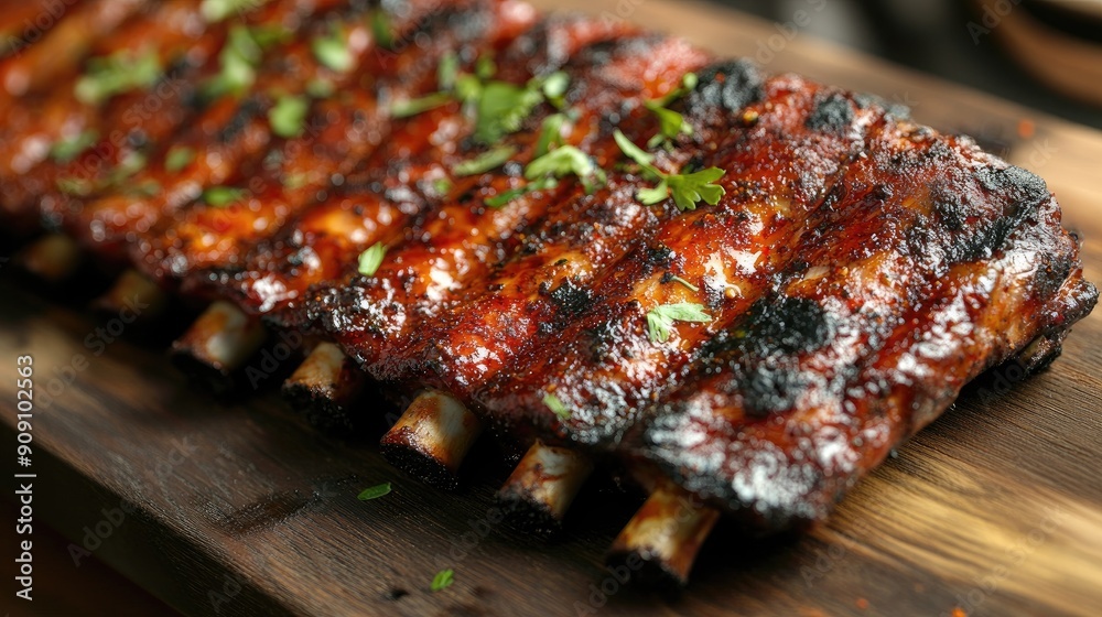 Juicy grilled ribs close-up, seasoned with a blend of hot spices and herbs, displayed on a wooden board, perfect for food lovers Juicy grilled ribs close-up, seasoned with a blend of hot spices and herbs, displayed on a wooden board, perfect for food lovers