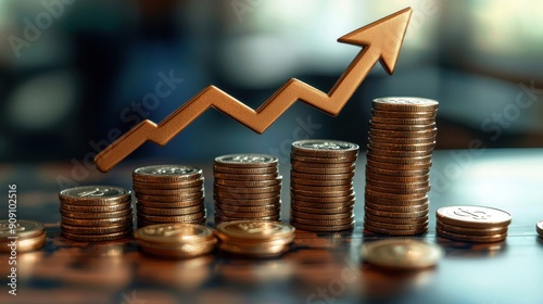 A dynamic business graph with a rising arrow and stacks of coins representing increasing profits and gains