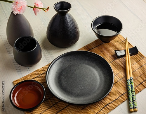 Elegant table setting with empty black plate, bowls and sake set on bamboo mat for asian cuisine dinner