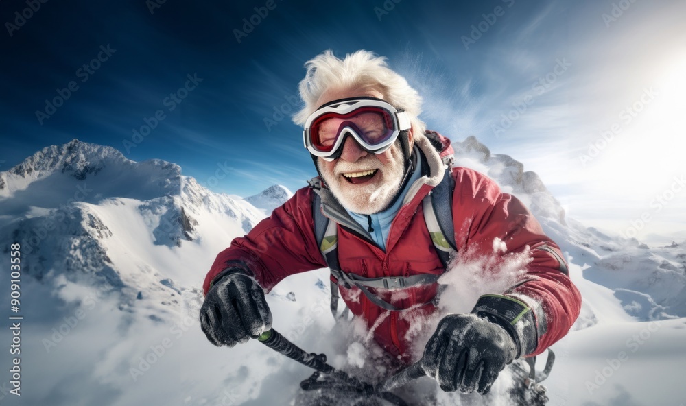 An adventurous elderly man with a distinguished gray beard showcases his seasoned skiing skills on the breathtaking snowy peaks of a mountainous landscape An adventurous elderly man with a distinguished gray beard showcases his seasoned skiing skills on the breathtaking snowy peaks of a mountainous landscape
