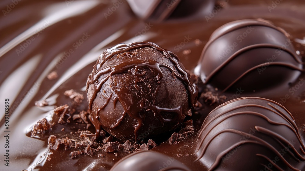 Sumptuous chocolate truffle close-up, with a rich, smooth surface and artistic drizzle of chocolate, evoking indulgence Sumptuous chocolate truffle close-up, with a rich, smooth surface and artistic drizzle of chocolate, evoking indulgence