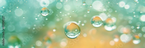 A soft, blurred background featuring droplets of water with a mix of blue and yellow hues, creating a microcosmic effect