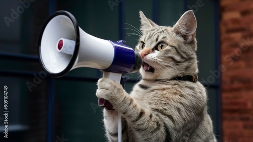 cat with a megaphone. cat talking or make announcement using a megaphone.