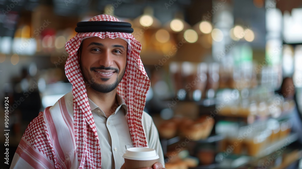 Smiling Man in Traditional Clothing Holding a Coffee Cup Smiling Man in Traditional Clothing Holding a Coffee Cup