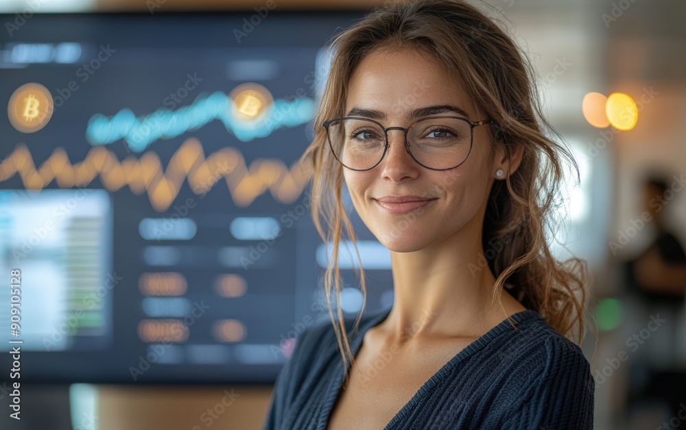 Woman with a confident expression, ultra-realistic portrait, giving a presentation about Bitcoin and Ethereum, modern conference room setting Woman with a confident expression, ultra-realistic portrait, giving a presentation about Bitcoin and Ethereum, modern conference room setting