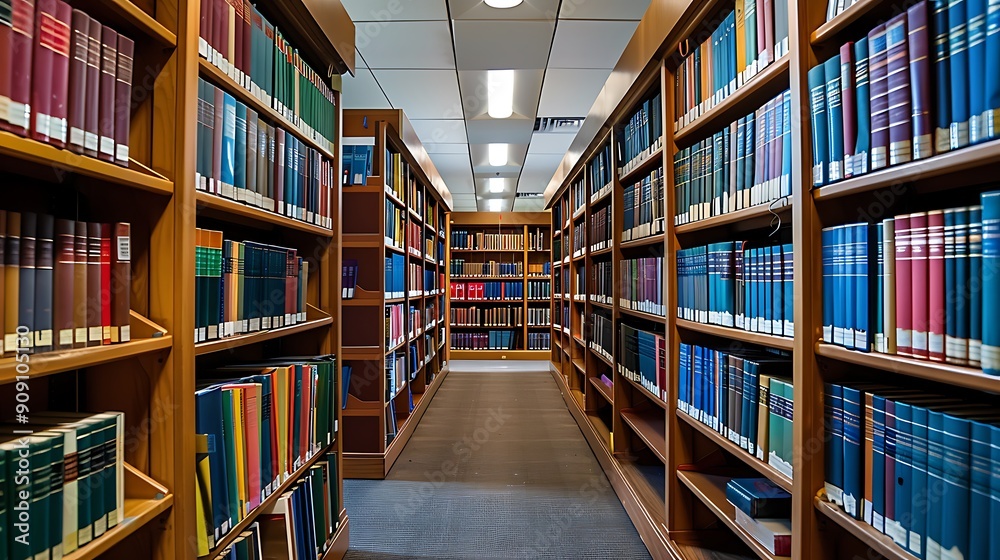 Library bookshelves filled with rows of books Library bookshelves filled with rows of books