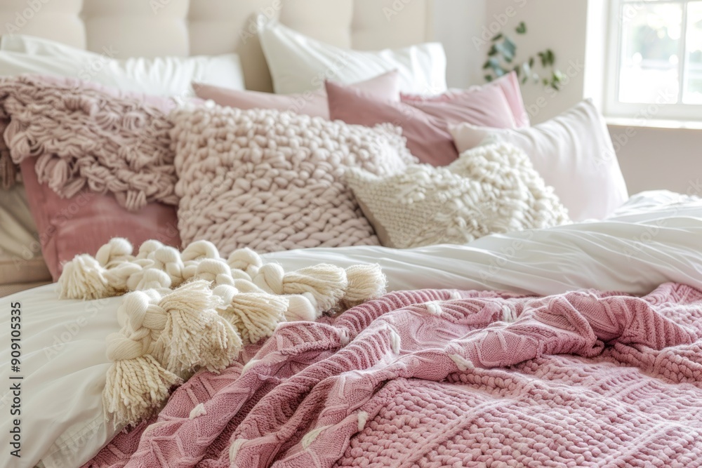 Cozy Home Comfort with Pink and White Bedding. Comfortable bed with pink and white fluffy pillows Cozy Home Comfort with Pink and White Bedding. Comfortable bed with pink and white fluffy pillows