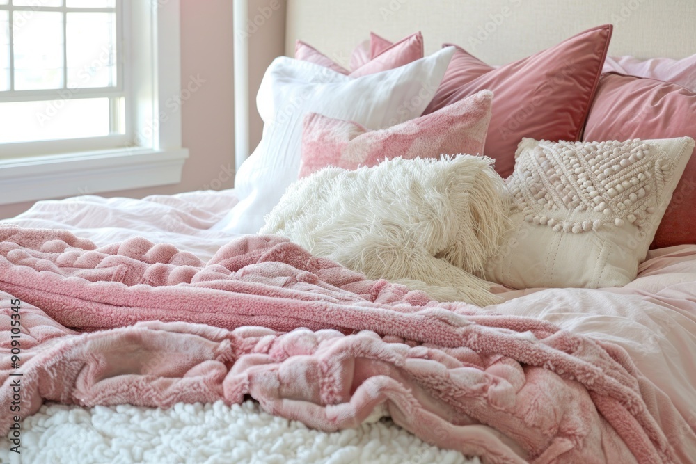 Cozy Home Comfort with Pink and White Bedding. Comfortable bed with pink and white fluffy pillows Cozy Home Comfort with Pink and White Bedding. Comfortable bed with pink and white fluffy pillows