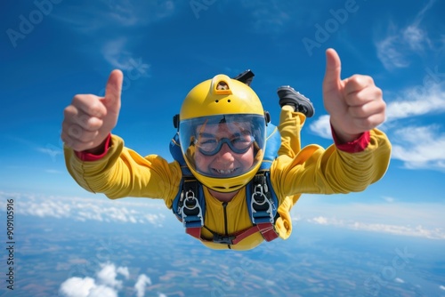 Excited person in yellow jumpsuit skydiving with a thumbs-up