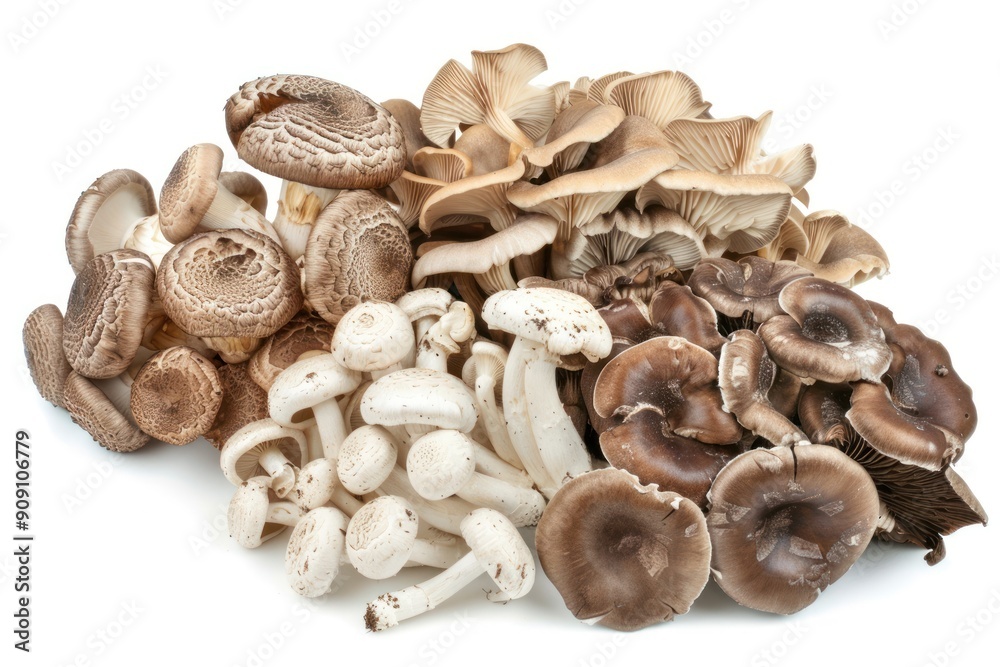 Fresh Organic Mushrooms with Natural Textures on a White Background Fresh Organic Mushrooms with Natural Textures on a White Background