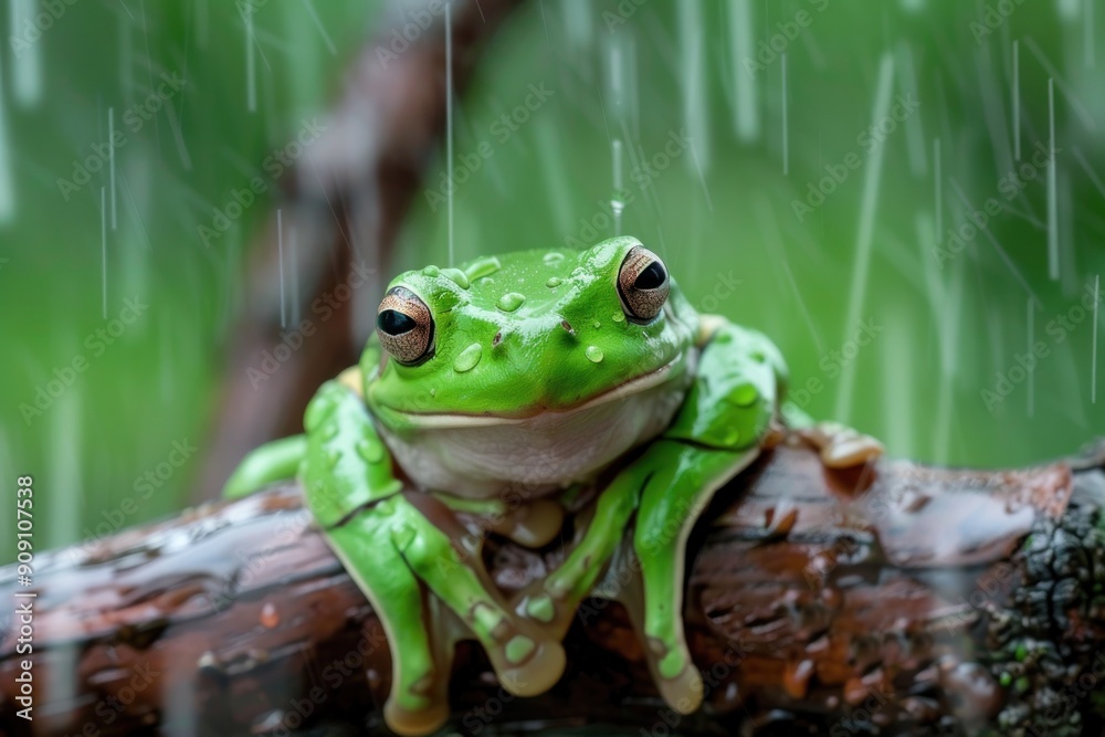 Naklejka premium Green Tree Frog Sheltering from Rain