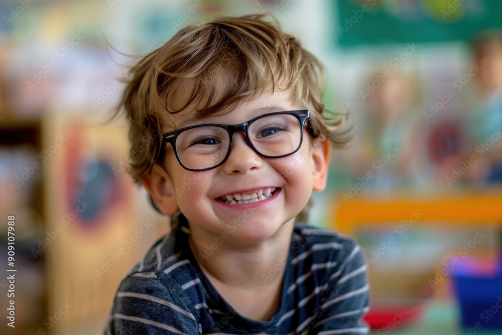 Happy young boy with glasses smiling in a classroom Happy young boy with glasses smiling in a classroom