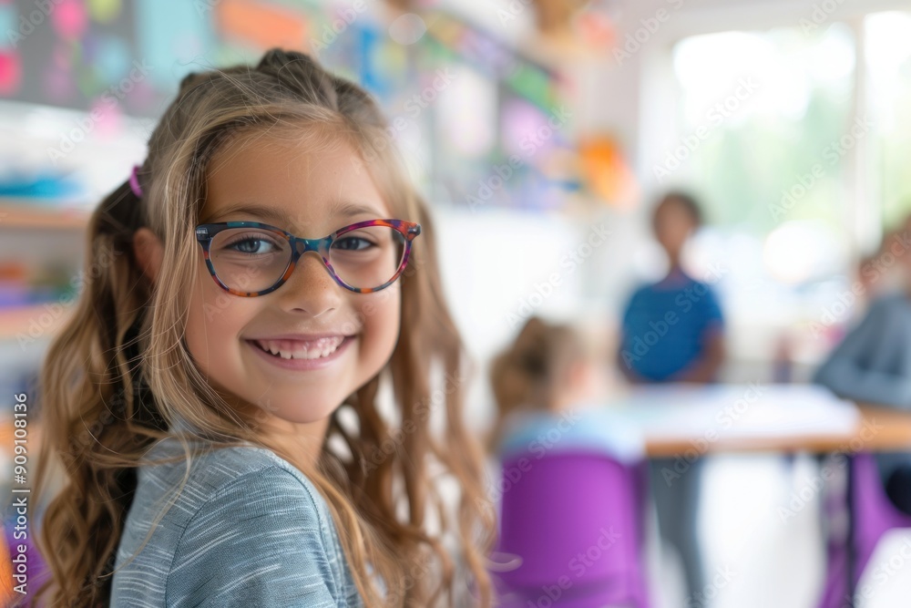 Happy young girl with glasses smiling in a classroom Happy young girl with glasses smiling in a classroom