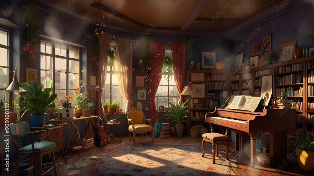 A grand piano sits in a private library room adorned with shelves full of books and some aesthetic decorations. Seamless 4K looping timelapse video animation generated AI A grand piano sits in a private library room adorned with shelves full of books and some aesthetic decorations. Seamless 4K looping timelapse video animation generated AI
