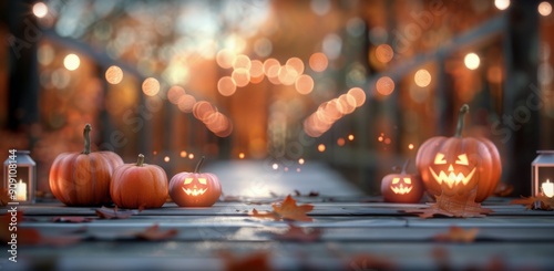 Festive Pumpkin Display on a Bridge During Autumn Evening