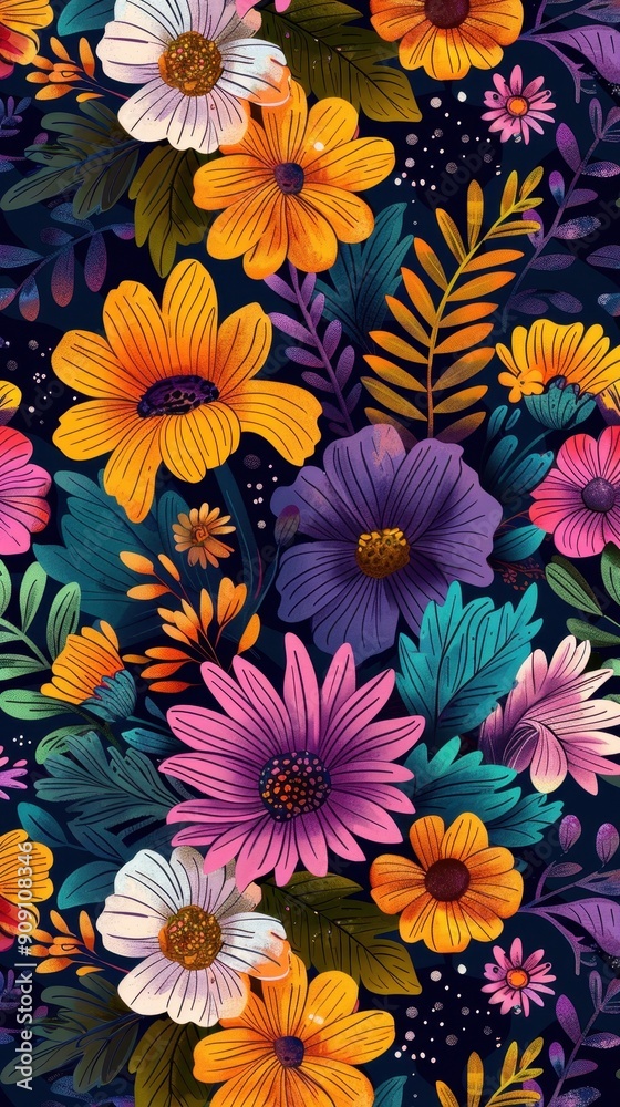 Brightly colored flowers bloom amidst lush green leaves, creating a lively floral arrangement Brightly colored flowers bloom amidst lush green leaves, creating a lively floral arrangement
