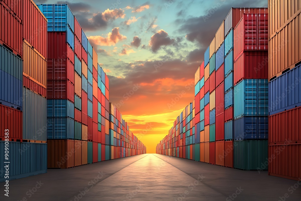 Fototapeta premium Symmetrical view of colorful shipping containers under dramatic sunset sky