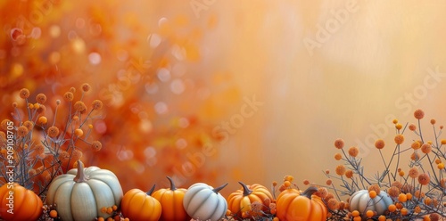 Colorful Arrangement of Autumn Pumpkins and Floral Accents in a Warm Tone