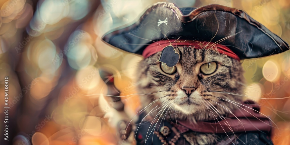 Fototapeta premium Playful and Mysterious Pirate Cat in Costume with Copy Space