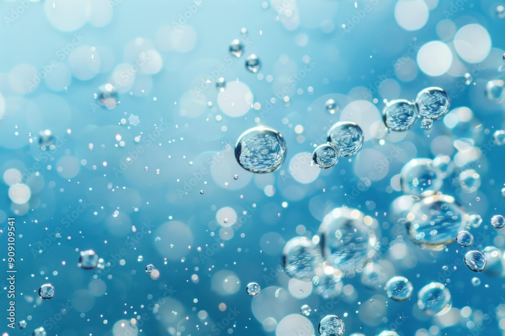 Macro view of water bubbles resting on a vibrant blue background Macro view of water bubbles resting on a vibrant blue background