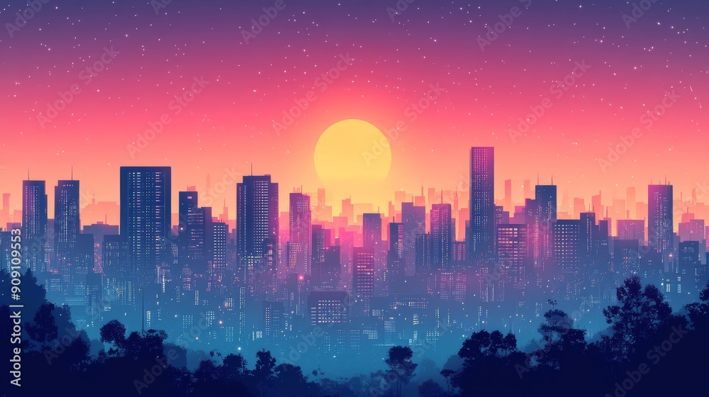 Nighttime City Skyline with a Large Moon and Stars Nighttime City Skyline with a Large Moon and Stars