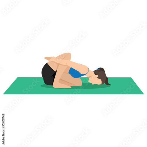 Woman doing Reverse Table Top Pose Legs In Figure Four or Ardha Purvottanasana Pada Ardha Utkatasana. Flat vector illustration isolated on white background