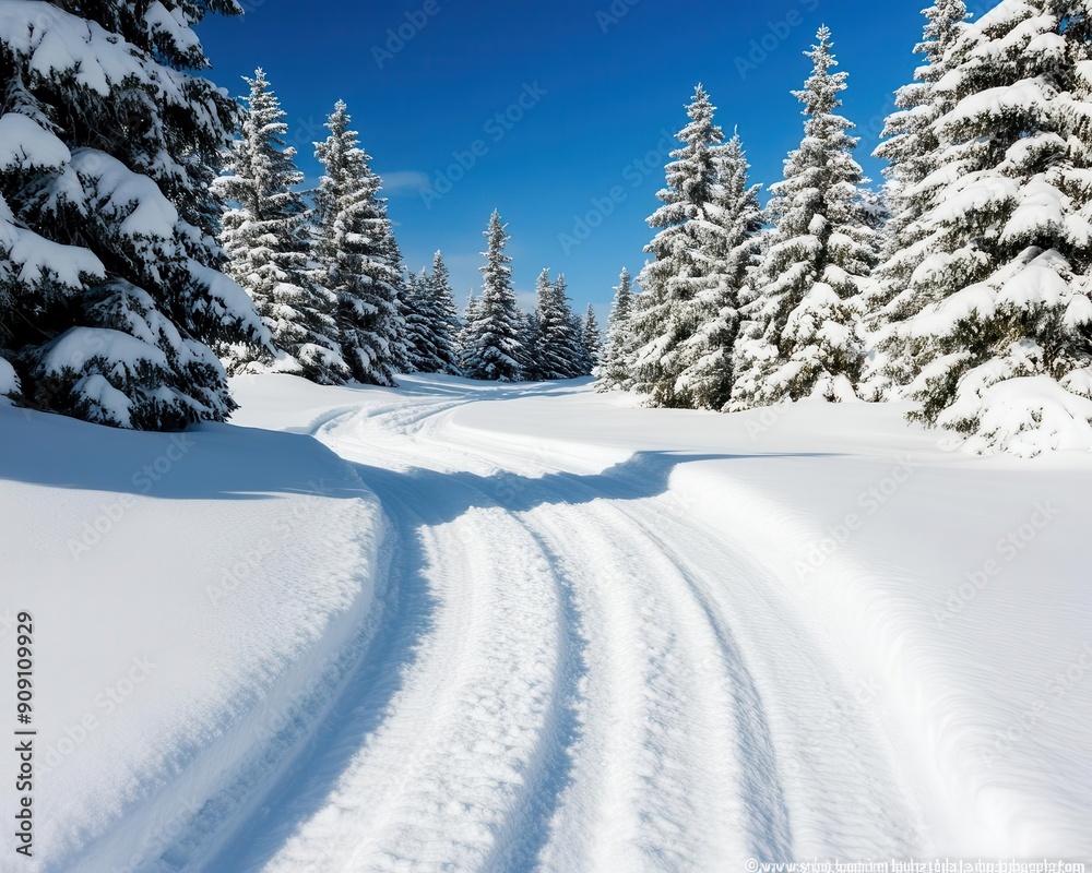 Snowcovered road in pine forest, serene winter wonderland scene Snowcovered road in pine forest, serene winter wonderland scene
