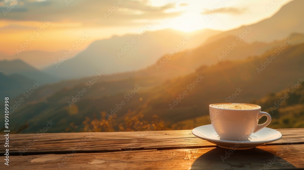 Coffee Cup on Wooden Table with Mountain Sunset View Coffee Cup on Wooden Table with Mountain Sunset View