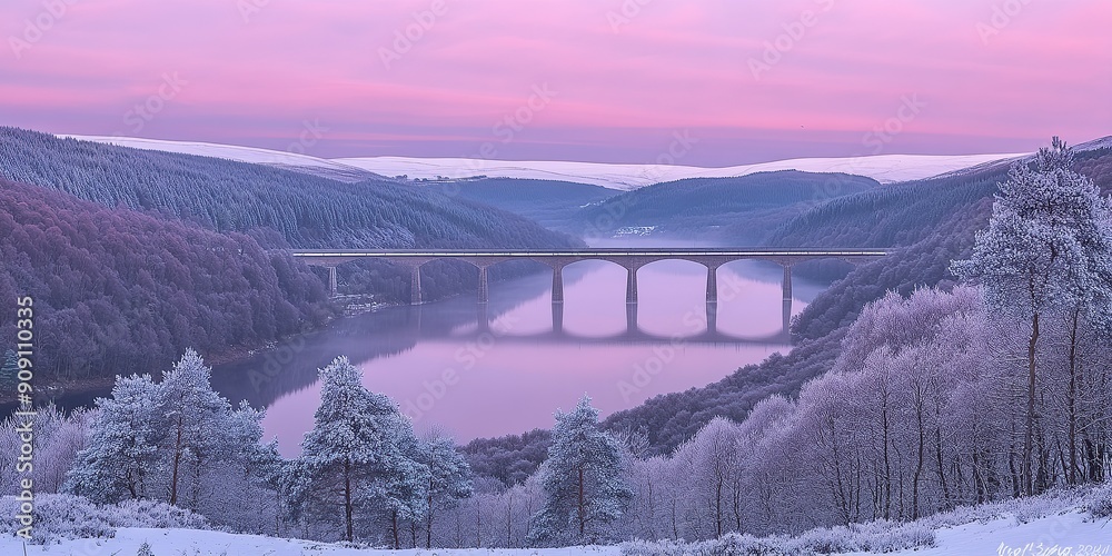 Purple Dawn over Snow-Covered Bridge and River, AI Generative Winter Landscape Purple Dawn over Snow-Covered Bridge and River, AI Generative Winter Landscape
