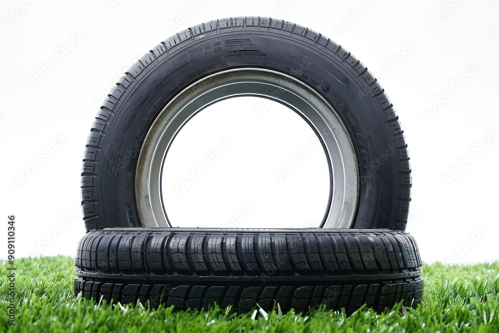 new tire stand on green grass Isolated on white background new tire stand on green grass Isolated on white background
