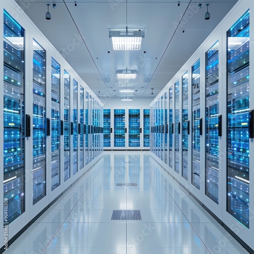 Modern Data Center With High-Tech Servers Illuminated by Blue Lights in an Ultra-Modern Facility