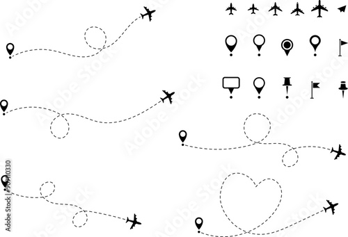 Airplane line path vector icon - Air plane flight route with start point and line trace. Vector illustration.