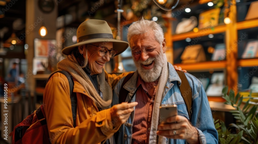 Two seniors enjoy a lighthearted moment as they browse on a smartphone, surrounded by warm bookstore ambiance Two seniors enjoy a lighthearted moment as they browse on a smartphone, surrounded by warm bookstore ambiance