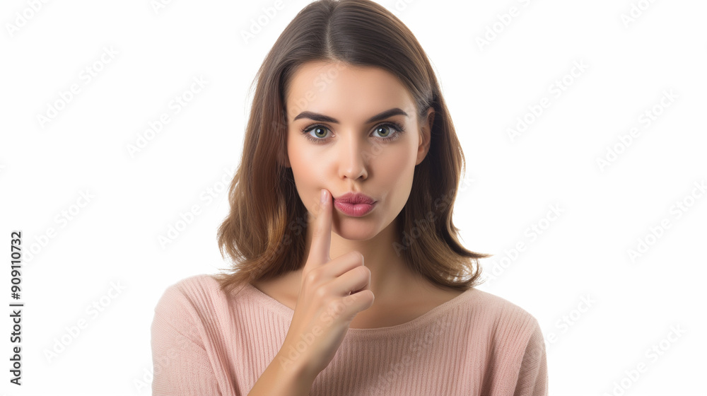 Woman holding finger near her mouth and wondering about something. Woman holding finger near her mouth and wondering about something.