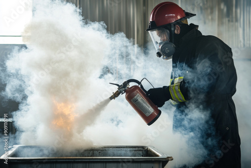 Firefighter using a fire extinguisher to control a fire