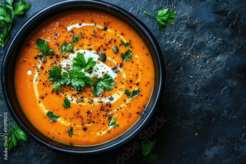 Creamy pumpkin soup topped with pumpkin seeds and spices in a bowl close up