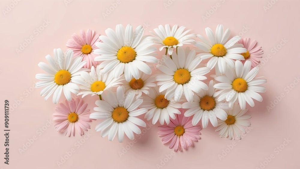 Fototapeta premium Daisy flower composition is made of fresh colorful flowers on a light pastel background