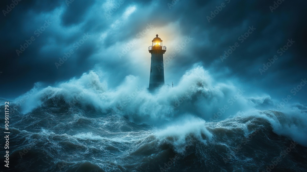 Lighthouse Amidst Stormy Waves - A lighthouse shines brightly against the dark, stormy sea as waves crash around it, symbolizing resilience and hope in the face of adversity. Lighthouse Amidst Stormy Waves - A lighthouse shines brightly against the dark, stormy sea as waves crash around it, symbolizing resilience and hope in the face of adversity.