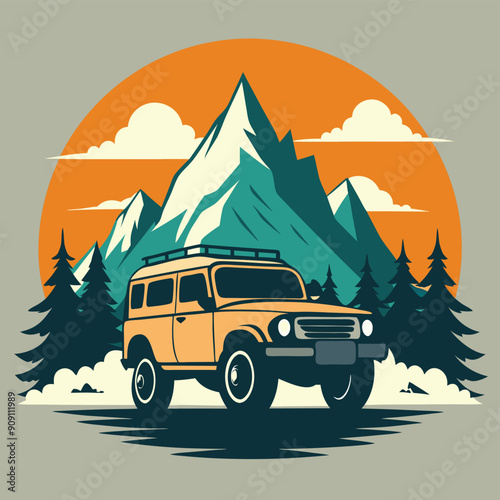 Illustration of an off-road vehicle set against a mountain backdrop with a double exposure effect.