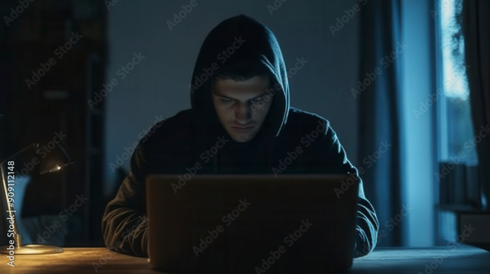 A hacker in black hoodie is working on his laptop A hacker in black hoodie is working on his laptop