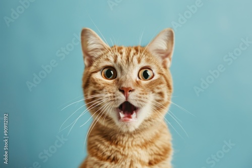Surprised shocked cat face with open mouth and big eyes isolated solid color background