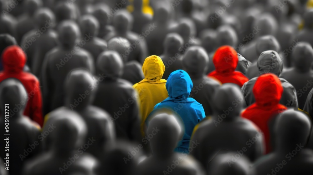 Obraz premium Brightly colored individual in a monochrome crowd