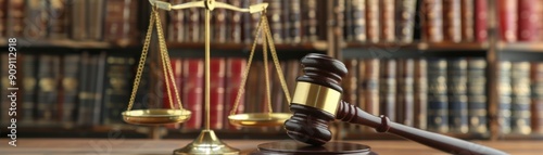 gavel and scales of justice on a desk with law books in the background, symbolizing legal authority and fairness.