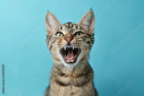 Veterinary Examination Tabby Cat Showing Teeth Isolated on blue background