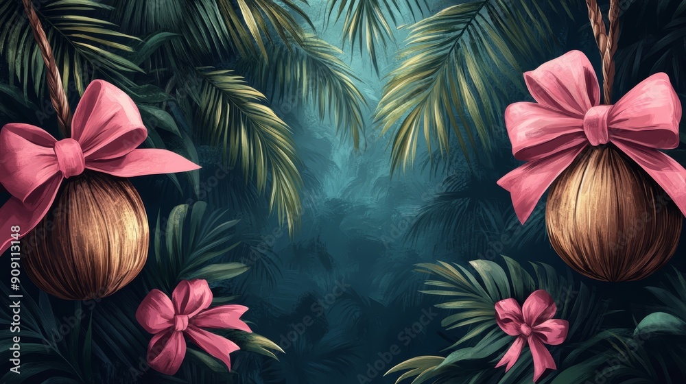 Tropical scene with coconuts and pink ribbons Tropical scene with coconuts and pink ribbons