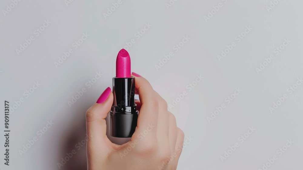 Pink lipstick hand on white background with copy space Pink lipstick hand on white background with copy space