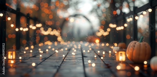 Festive Pumpkin Display on a Bridge During Autumn Evening
