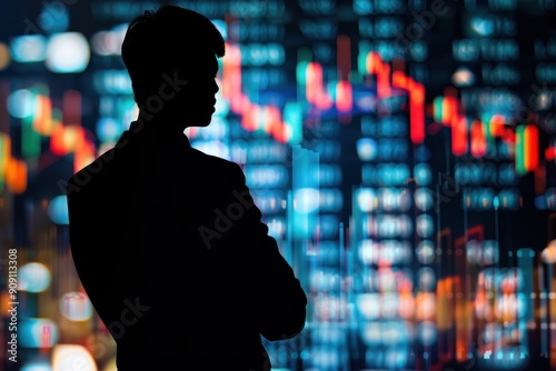 silhouette Businessman Analyzing Finance Growth on Digital Stock Market Background