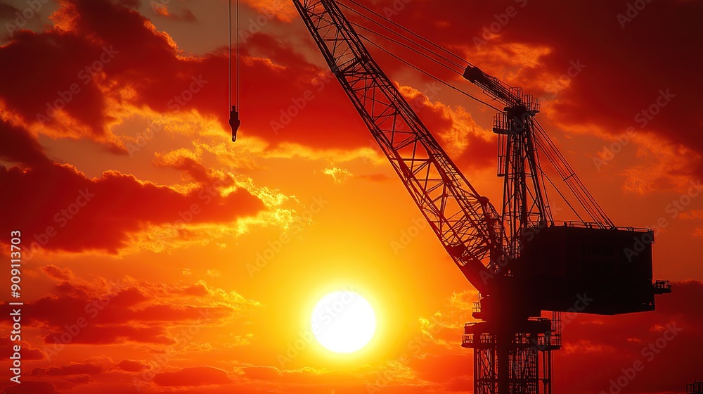 Industrial Crane Silhouetted Against Fiery Sunset Industrial Crane Silhouetted Against Fiery Sunset